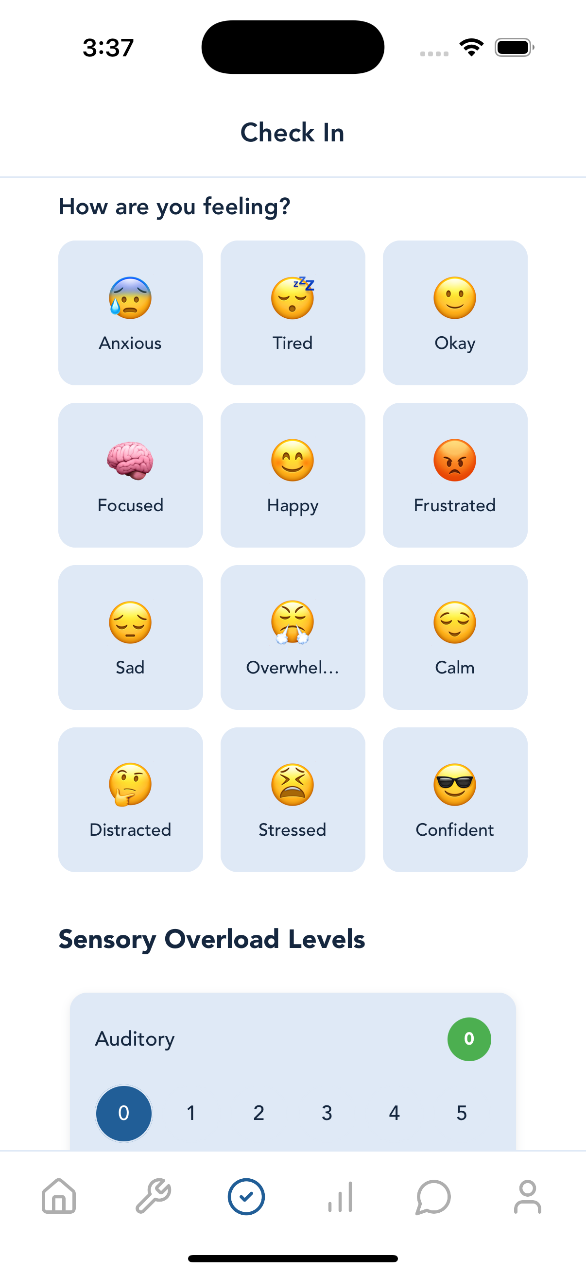 Amplifly Check-In screen for logging emotions and sensory levels