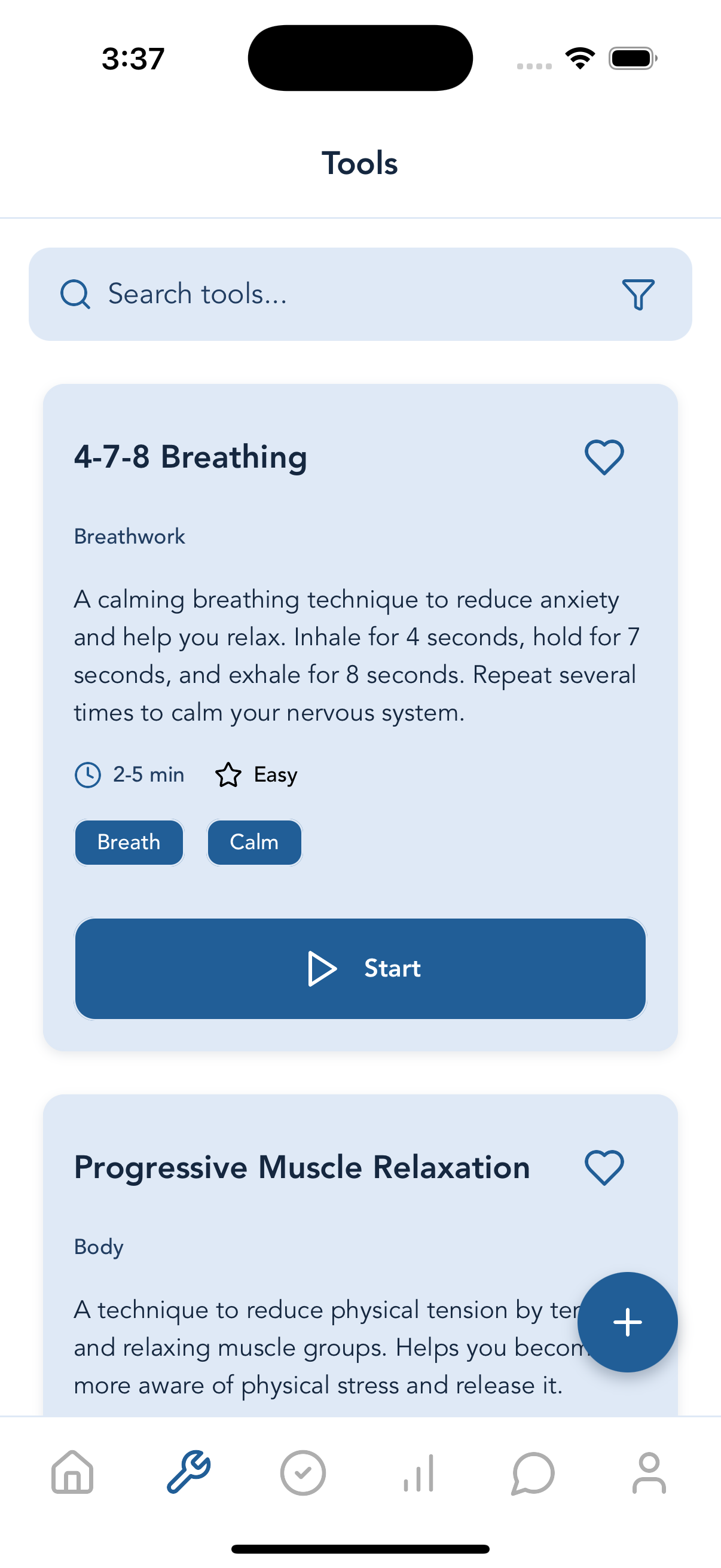 Amplifly Tools screen with breathing exercises and wellness techniques