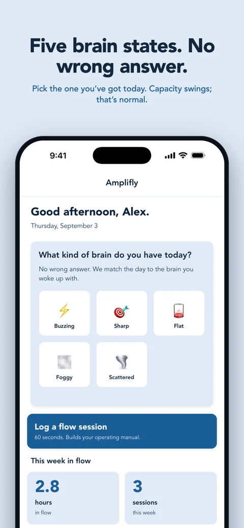 The Amplifly Today screen asking what kind of brain you have today, with the five states.
